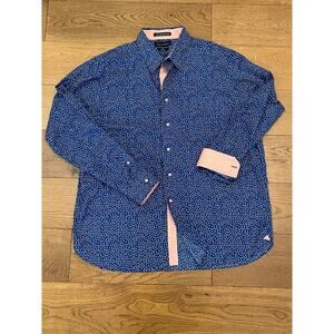 Paul Fredrick Dress Shirt XL Classic Fit Long Staple Cotton Blue Dot Peach Trim